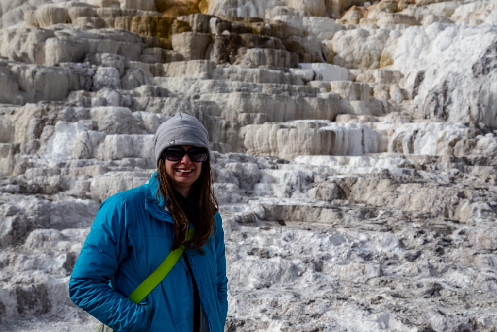 Leah in front of Mammoth Hot Spring