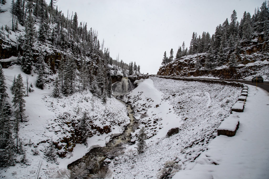 Snowy waterfall in Yellowstone National Park